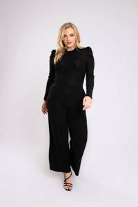 Zwarte dames MS Mode ribgebreide top met lange mouwen en drukknoopsluiting