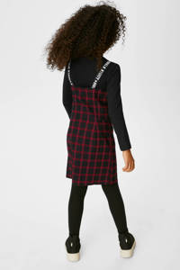 Zwarte meisjes C&A jurk + longsleeve van viscose met ruitenprint, lange mouwen, col en rib gebreide details
