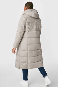 Beige dames C&A gewatteerde jas van polyester met lange mouwen, capuchon en rits- en drukknoopsluiting