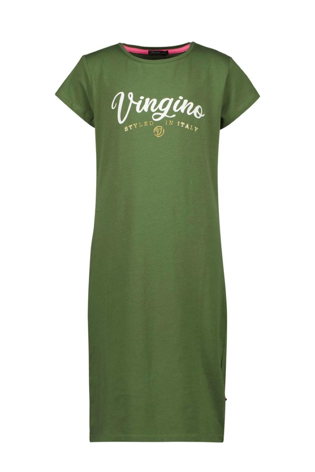 Groene meisjes Vingino Essentials T-shirtjurk army van stretchkatoen met logo dessin, korte mouwen en ronde hals