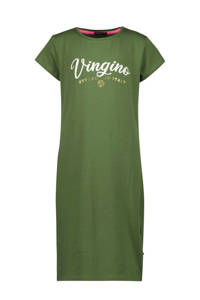 Groene meisjes Vingino Essentials T-shirtjurk army van stretchkatoen met logo dessin, korte mouwen en ronde hals