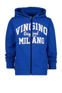 Blauwe jongens Vingino Essentials sweatvest met logo dessin, lange mouwen, capuchon en ritssluiting
