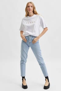 Lichtblauwe dames SELECTED FEMME high waist mom jeans van duurzaam stretchdenim met rits- en knoopsluiting