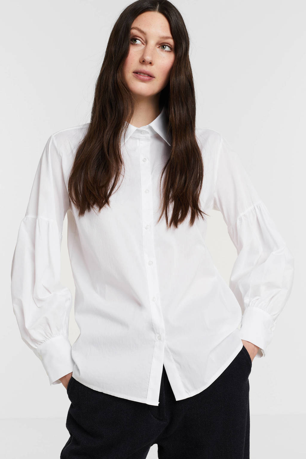 Witte dames Mexx blouse van stretchkatoen met lange mouwen, klassieke kraag, knoopsluiting en ballonmouwen
