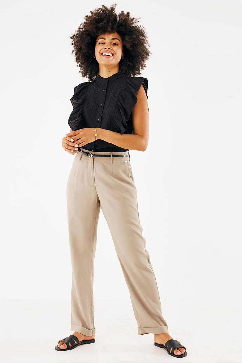 Zwarte dames Mexx geweven top van viscose met mao kraag, knoopsluiting en broderie