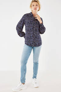 Donkerblauw en lichtroze dames Mexx geweven blouse van viscose met all over print, lange mouwen, klassieke kraag en knoopsluiting