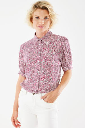 geweven blouse met all over print en plooien fuchsia/gebroken wit