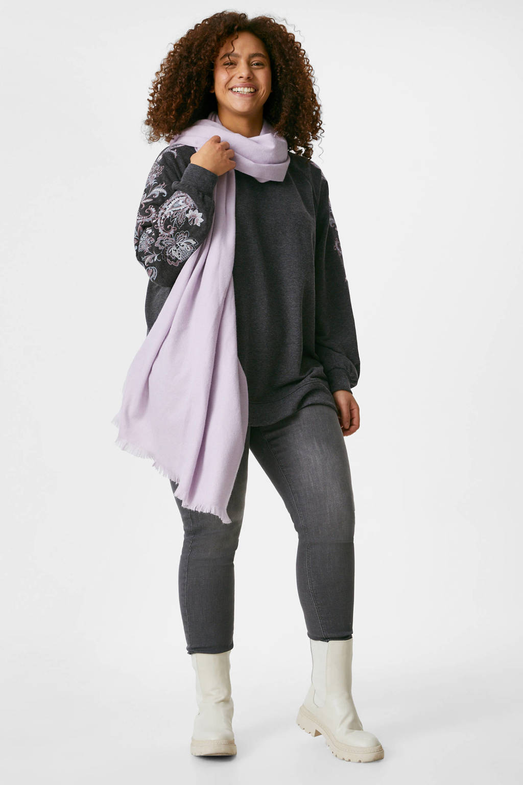 Grijze dames C&A XL sweater van polyester met lange mouwen, ronde hals en borduursels
