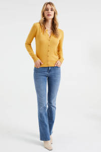 Gele dames WE Fashion fijngebreid vest van viscose met lange mouwen, ronde hals en knoopsluiting