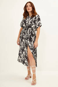 Mat Fashion jurk met bladprint en ceintuur wit/zwart