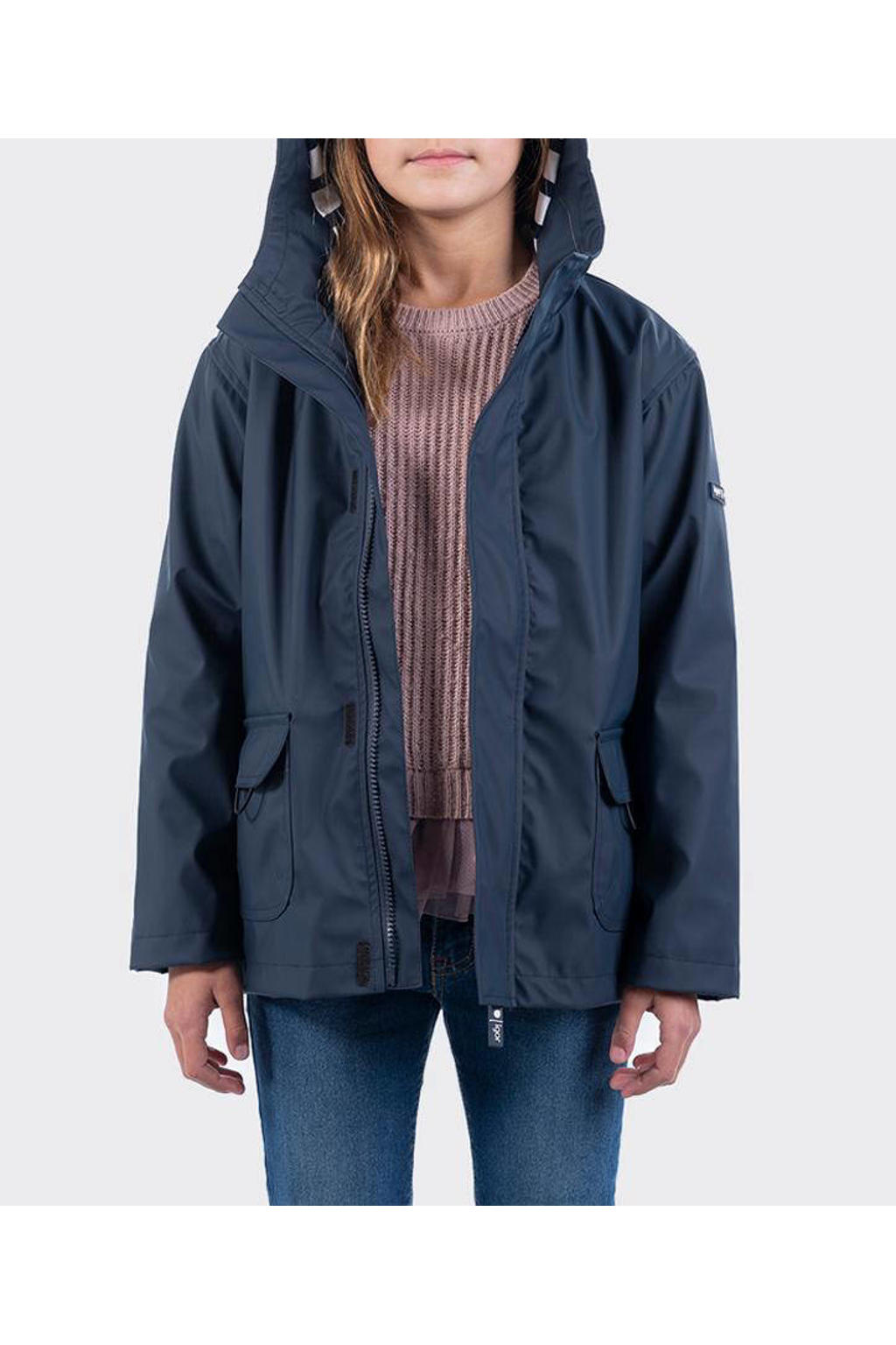 Blauwe jongens en meisjes Igor unisex regenjas zomer Euri van polyester met effen, lange mouwen en capuchon