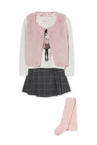 Roze, off white en grijze meisjes C&A imitatiebont gilet + longsleeve + rok + maillot van polyester met all over print, lange mouwen en ronde hals