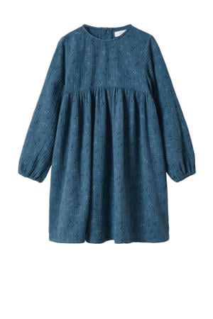 A-lijn jurk met bladprint en plooien blauw
