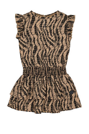 jurk Vanisha met zebraprint en ruches camel/antraciet