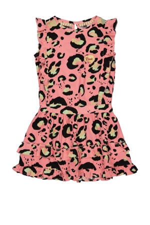 jurk Maasje met panterprint en ruches roze/zwart/zand