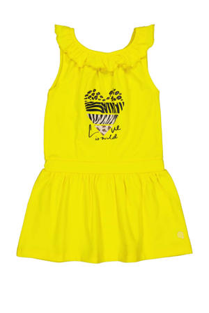 jurk Namara met printopdruk en ruches geel/grijs