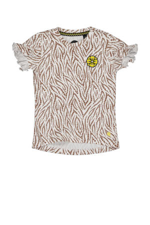 T-shirt Nelke met dierenprint en ruches bruin/wit