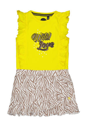 jurk Nadien met printopdruk en ruches geel/wit/zand