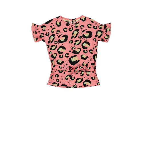 Quapi Girls T-shirt Marisa met panterprint en ruches roze zwart zand