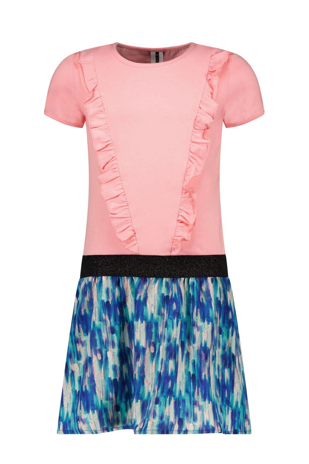 Roze en blauwe meisjes B.Nosy jurk van polyester met print, korte mouwen, ronde hals en ruches