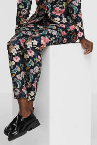 Zwart en multikleurige dames ICHI gebloemde tapered fit broek van polyester met regular waist en striksluiting