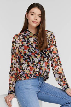 gebloemde semi-transparante blouse IHCHIFFY  van gerecycled polyester zwart/multi