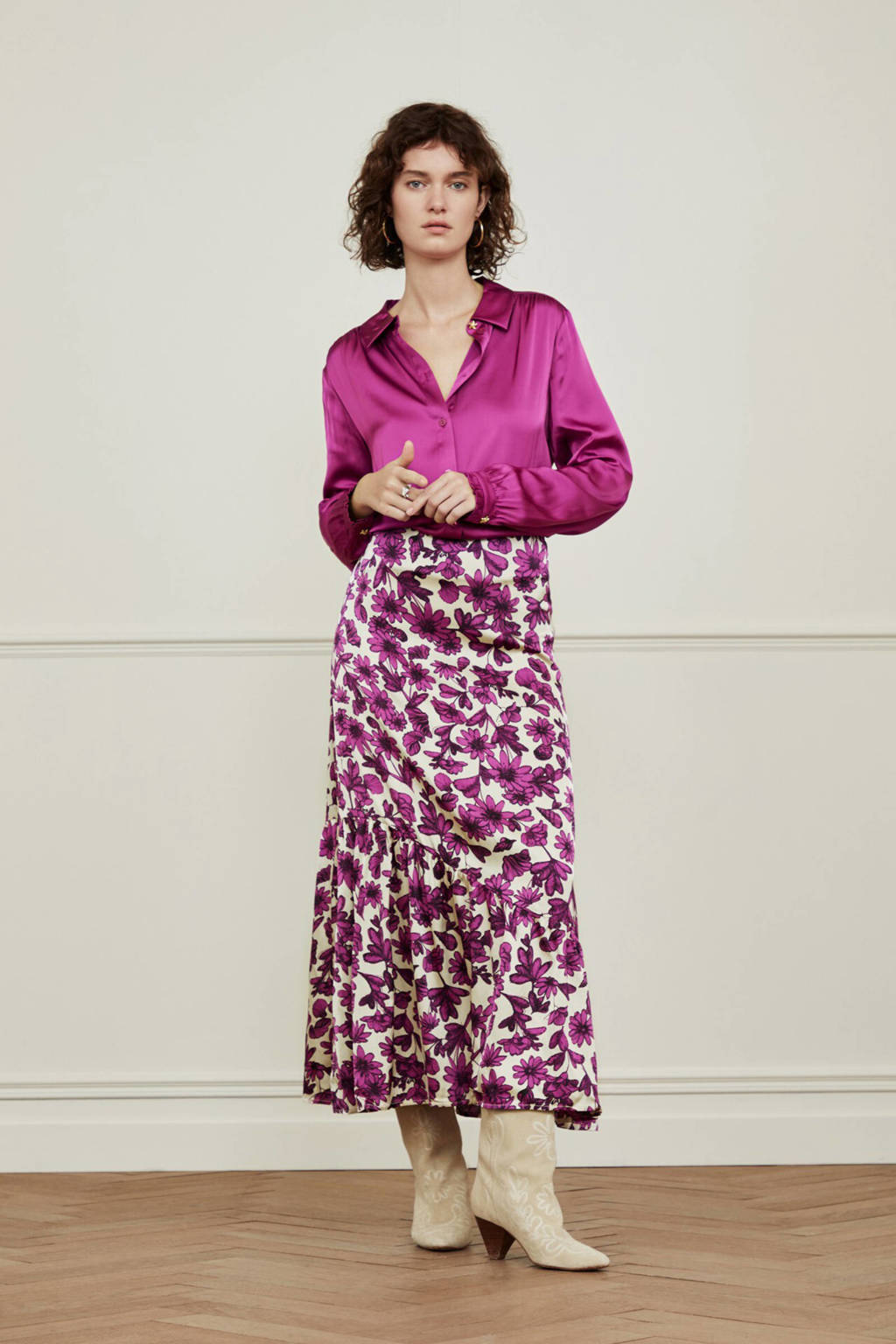 Fuchsia dames Fabienne Chapot blouse Mira Boho van viscose met lange mouwen, klassieke kraag, knoopsluiting en plooien