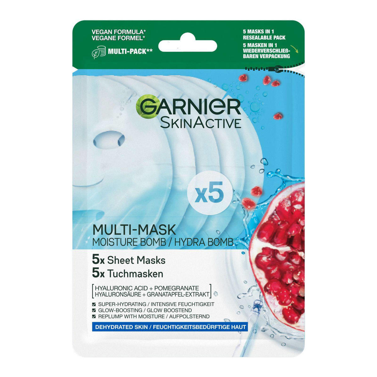 Garnier Bomb Tissue gezichtsmasker met granaatappel - 5 stuks multiverpakking | wehkamp