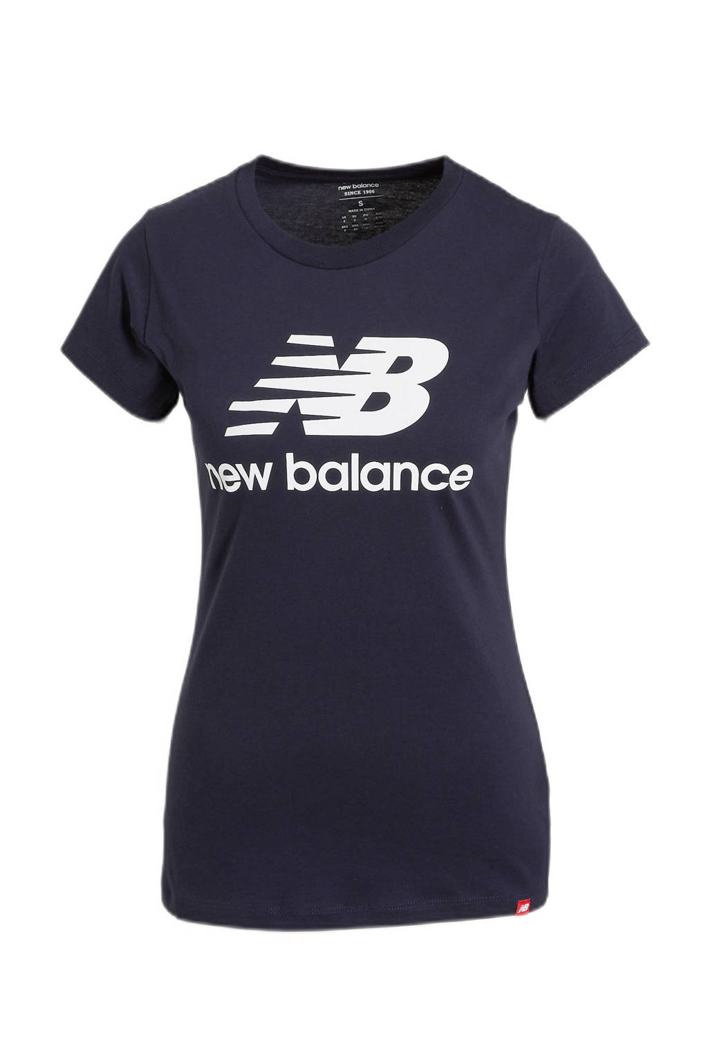 Donkerblauw en witte dames New Balance T-shirt van katoen met logo dessin, korte mouwen en ronde hals