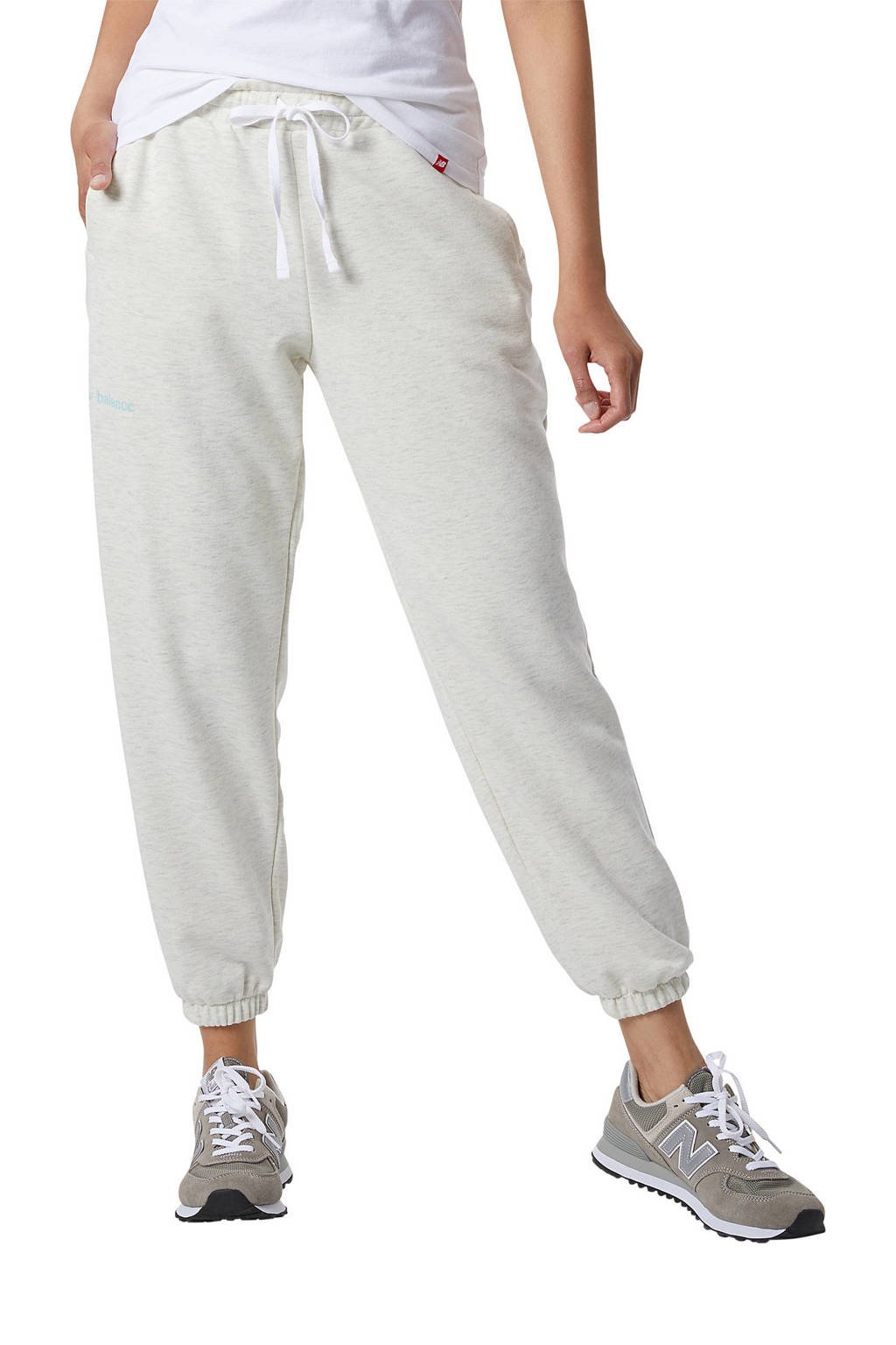 Witte dames New Balance regular fit joggingbroek van katoen met elastische tailleband met koord