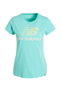 Lichtblauwe dames New Balance T-shirt van katoen met logo dessin, korte mouwen en ronde hals