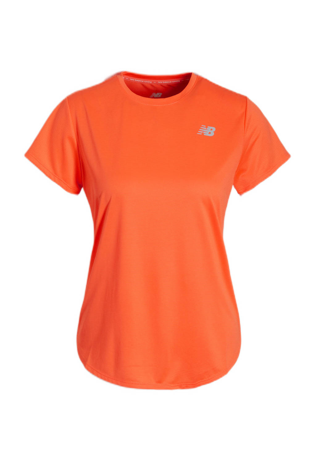 Oranje dames New Balance sport T-shirt van gerecycled polyester met logo dessin, korte mouwen en ronde hals