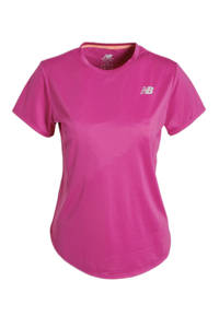 Roze dames New Balance sport T-shirt van gerecycled polyester met logo dessin, korte mouwen en ronde hals