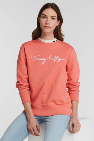 sweater met logo en borduursels koraalrood