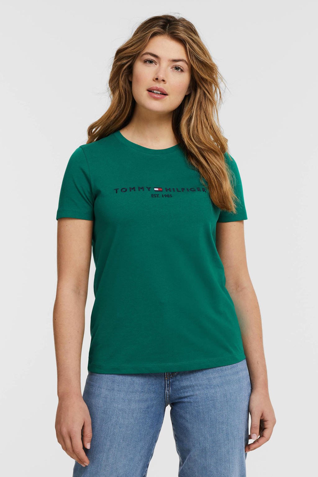 Groene dames Tommy Hilfiger T-shirt van katoen met logo dessin, korte mouwen en V-hals
