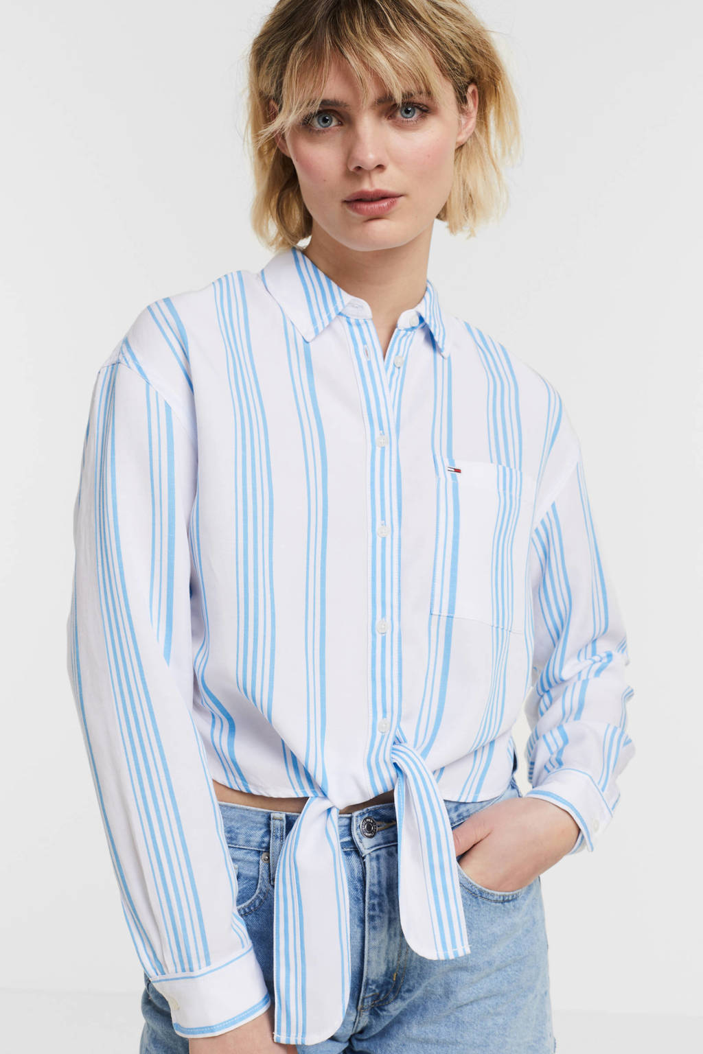 Tommy Jeans gestreepte blouse met linnen lichtblauw/wit