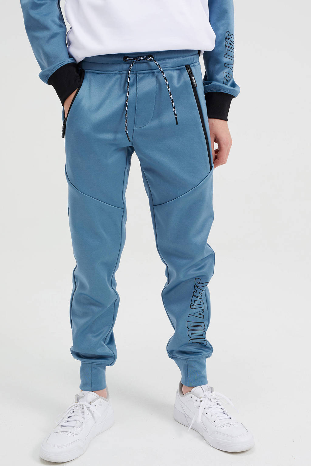 Grijsblauwe jongens WE Fashion Salty Dog slim fit joggingbroek van polyester met regular waist en elastische tailleband met koord