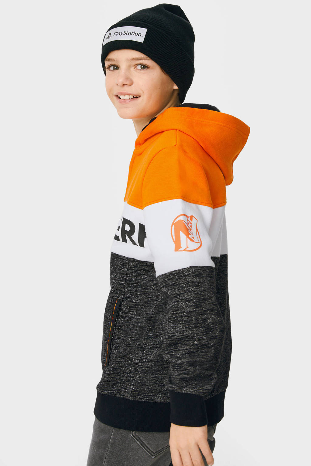 Oranje jongens C&A Nerf Nation sweatvest met meerkleurige print, lange mouwen en capuchon