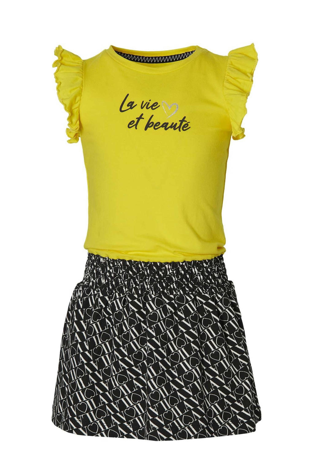 Quapi Girls jurk Falijne met all over print en ruches warm geel/zwart