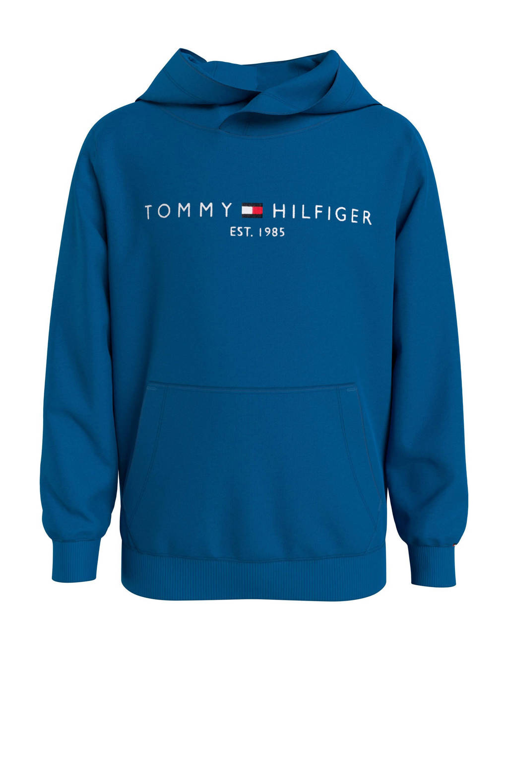 Blauwe jongens en meisjes Tommy Hilfiger hoodie van sweat materiaal met logo dessin, lange mouwen, capuchon en geribde boorden