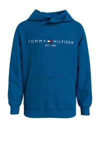 Blauwe jongens en meisjes Tommy Hilfiger hoodie van sweat materiaal met logo dessin, lange mouwen, capuchon en geribde boorden