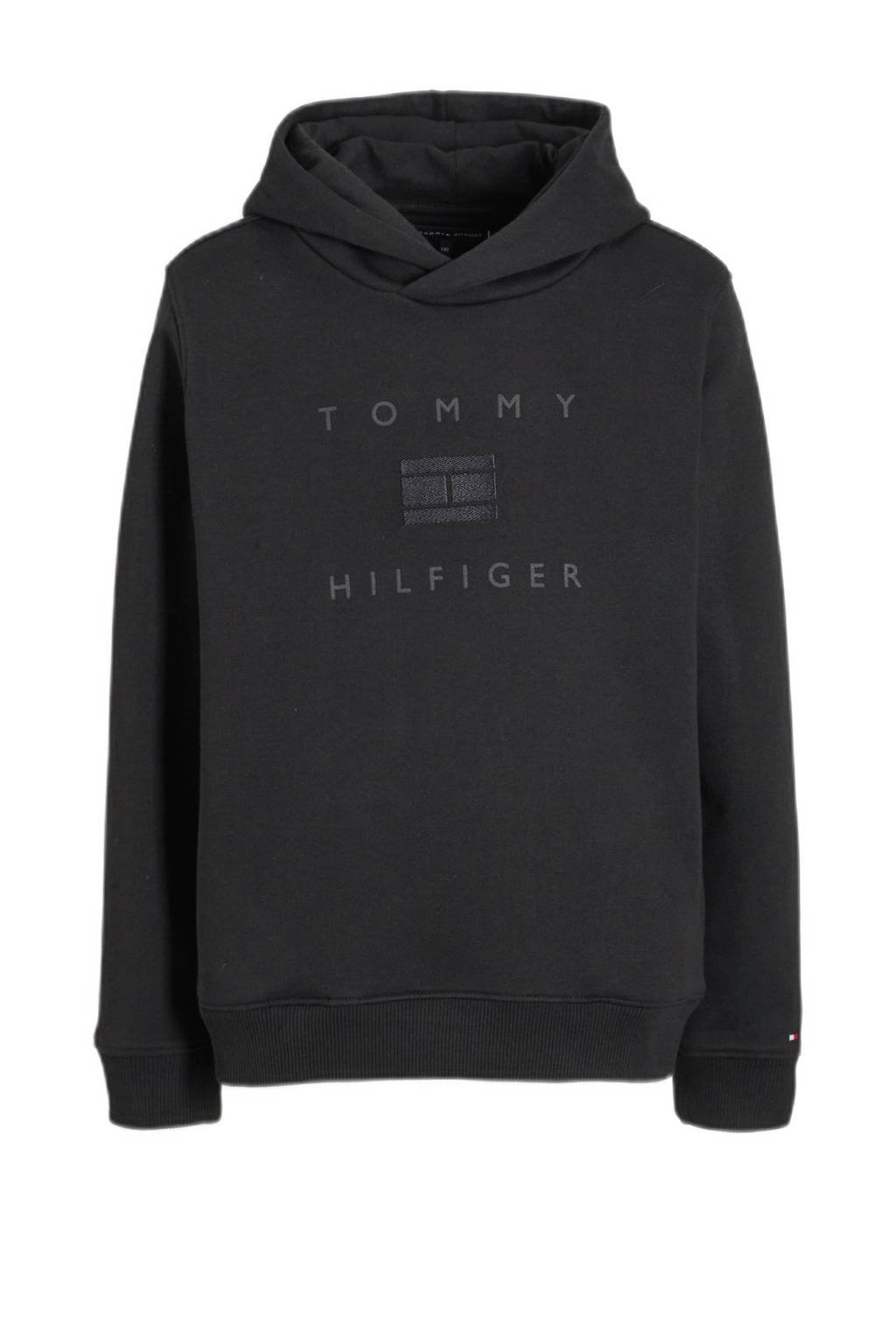 Zwarte jongens Tommy Hilfiger hoodie van sweat materiaal met logo dessin, lange mouwen en capuchon