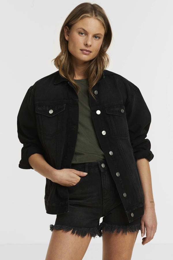 The Beauty North Denim jack voor dames, oversized, button-up, gerafelde zoom, lange mouwen en gerafelde zoom, westerse trendy jas, Blauw, L