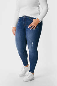 Donkerblauwe dames C&A XL Clockhouse high waist tapered fit jeans van duurzaam stretchdenim met vintage look, rits- en knoopsluiting en riemlussen