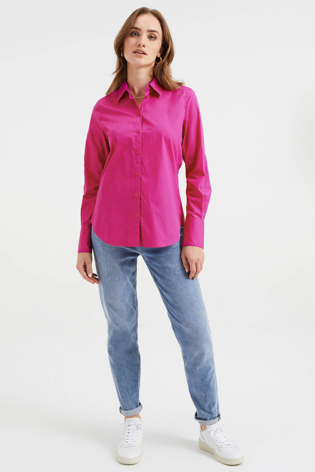 Fuchsia dames WE Fashion blouse van duurzaam katoen met lange mouwen, klassieke kraag en knoopsluiting