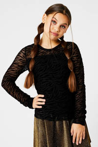 Zwarte meisjes CoolCat Junior semi-transparante top van polyester met zebraprint, lange mouwen en ronde hals