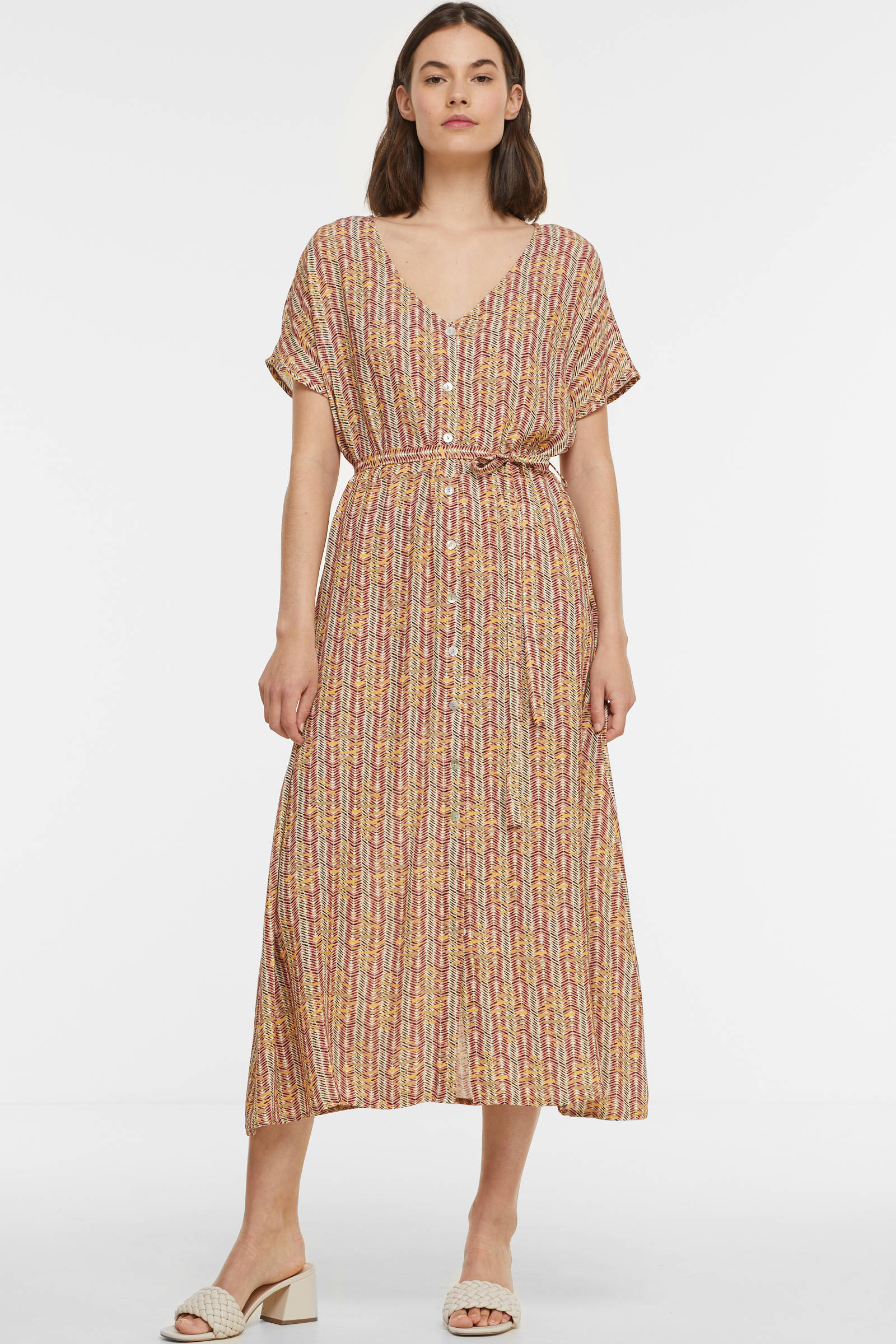 Geisha jurk met all over print en ceintuur bruin/ecru/roze | wehkamp