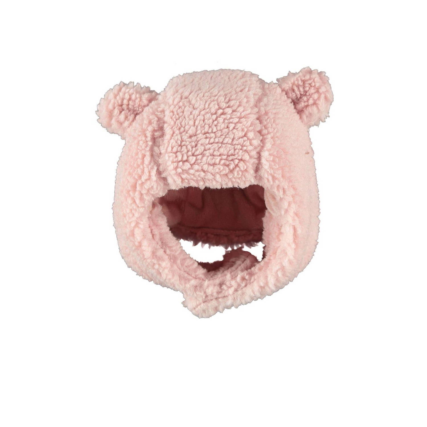 Sarlini teddy muts met oortjes roze Effen 6-12 mnd