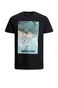 Zwarte heren JACK & JONES PLUS SIZE T-shirt Plus Size van katoen met printopdruk, korte mouwen en ronde hals