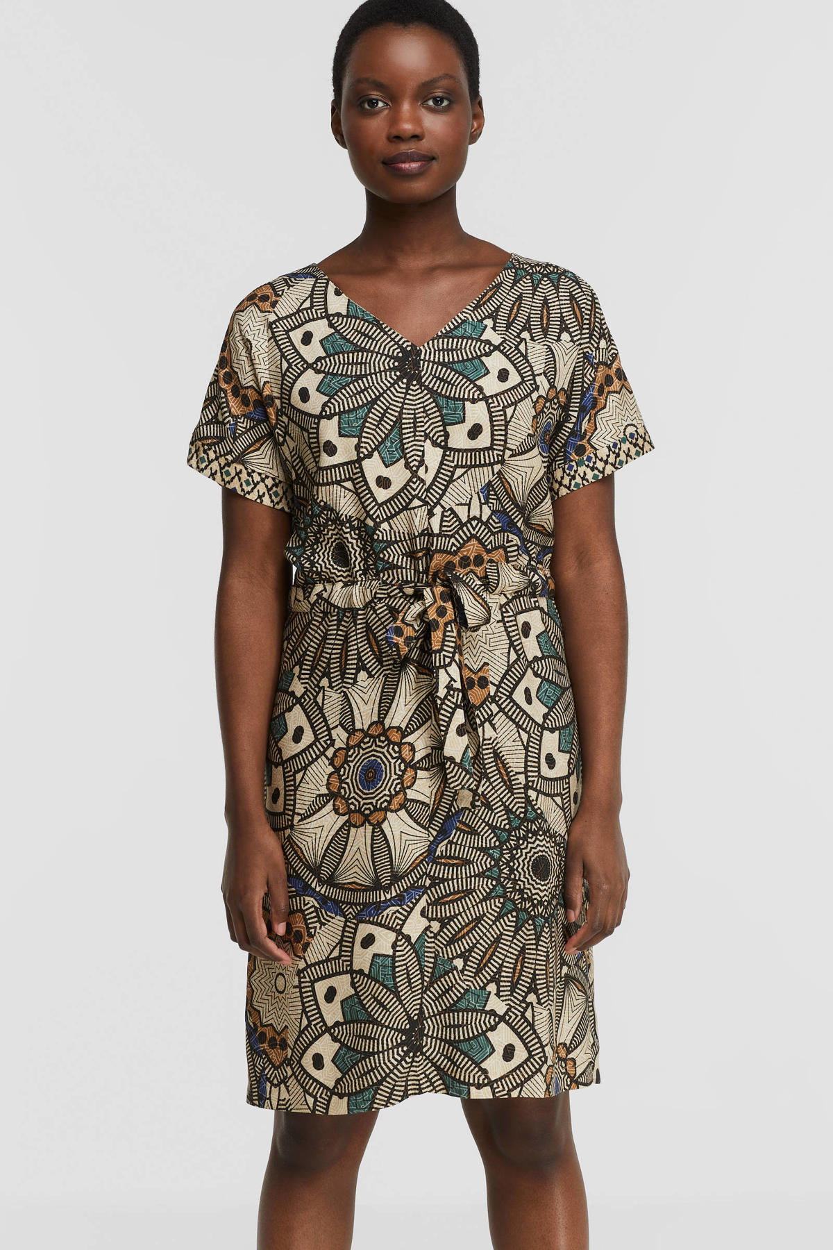 Buik Comorama koolhydraat Geisha jurk met all over print en ceintuur zand/turquoise/blauw/bruin |  wehkamp